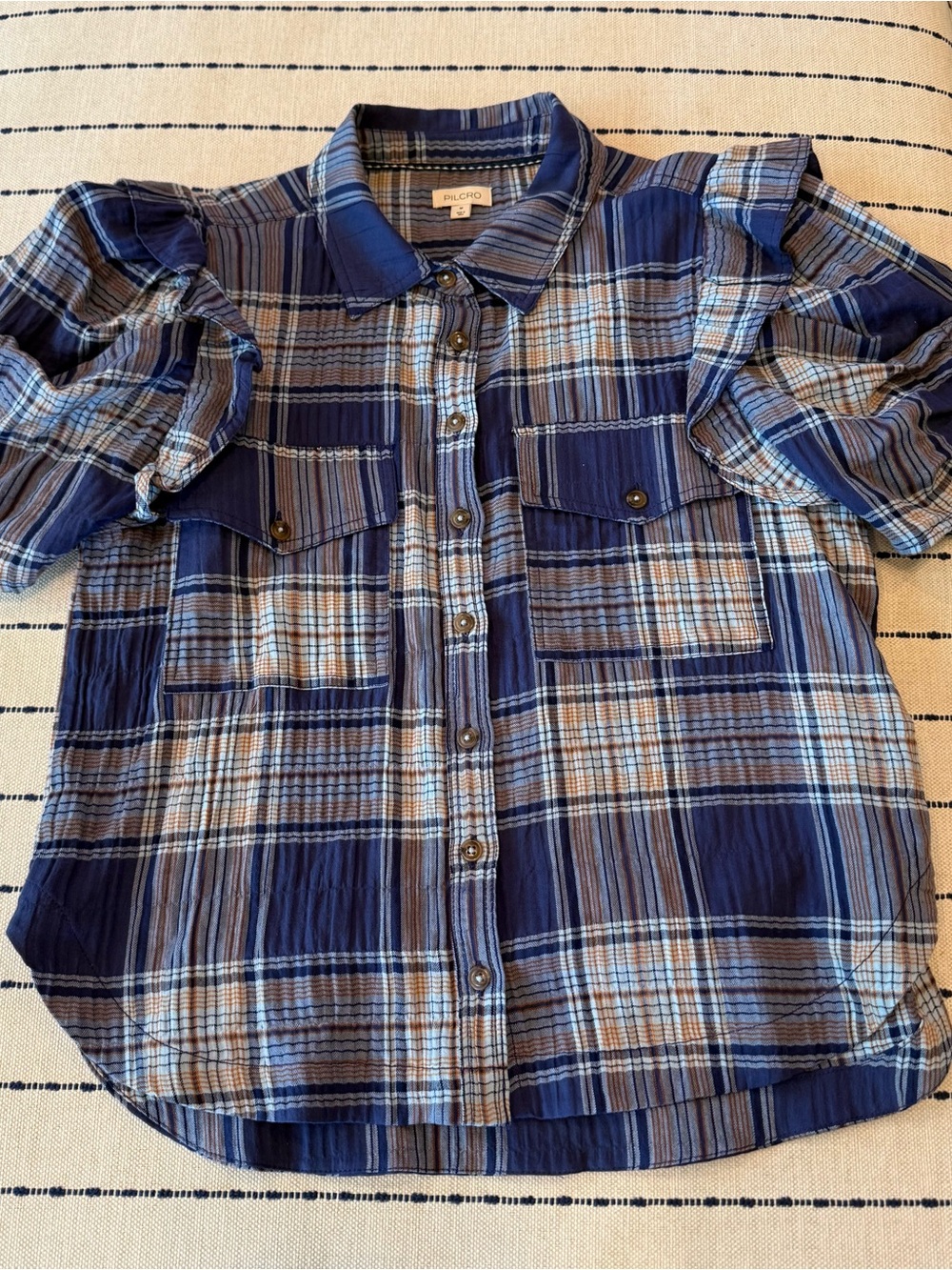 Pilcro Navy and Light Blue Plaid Button-Front Top